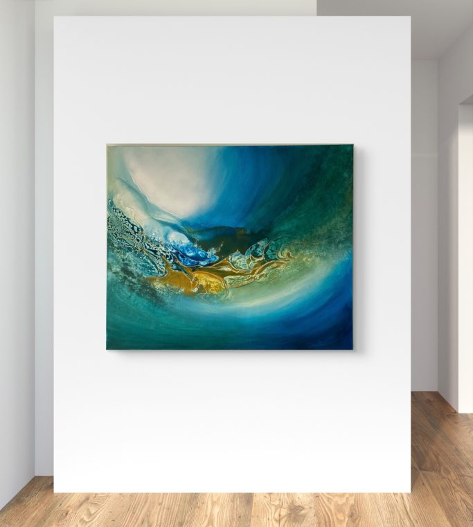 Abstraktes Gemälde mit Blau- und Grüntönen, das sanfte Wellenmuster zeigt.