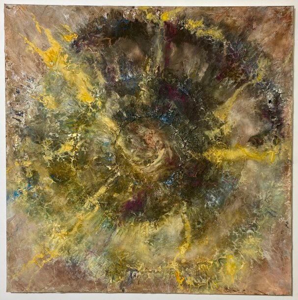 Abstrakte, farbenfrohe Komposition in Gelb-, Grün- und Brauntönen mit dynamischen Mustern.